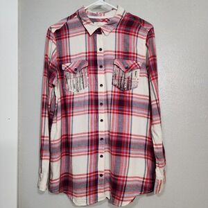 Mudd Women's Plaid Top Size XL Long Sleeve‎ Red White Pocket Shimmer